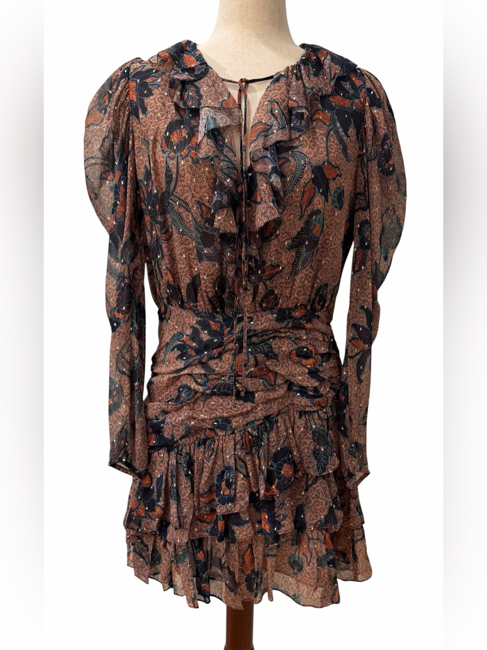 Ulla Johnson Cecily Coral Floral Silk Metallic Ruffle Mini Dress
